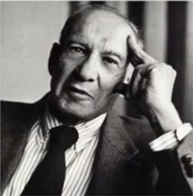 Image 38: Black and white portrait of American Economist Milton Friedman looking to the left while pondering