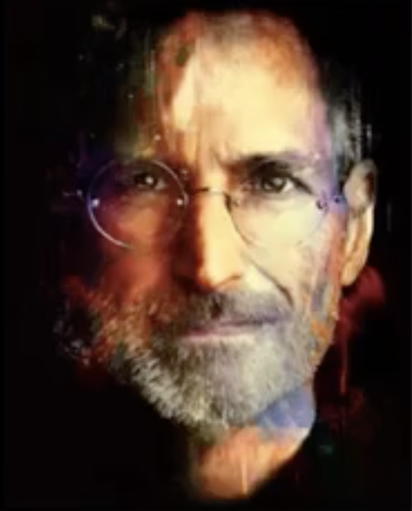 Image 58: Portrait of Steve Jobs with glasses, with a beard, and with a colorful artful background